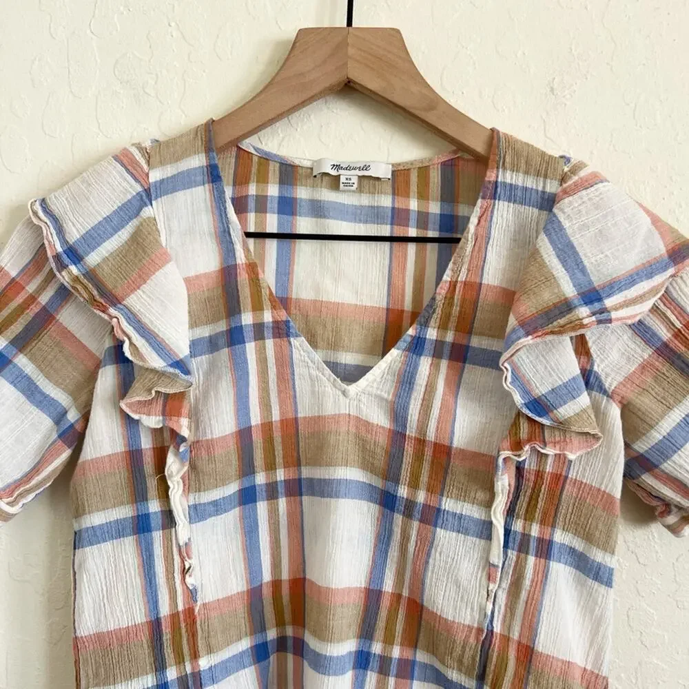 Madewell 100% Cotton V-Neck Shoulder-Ruffle Blouse Top XS White Tan Blue Plaid